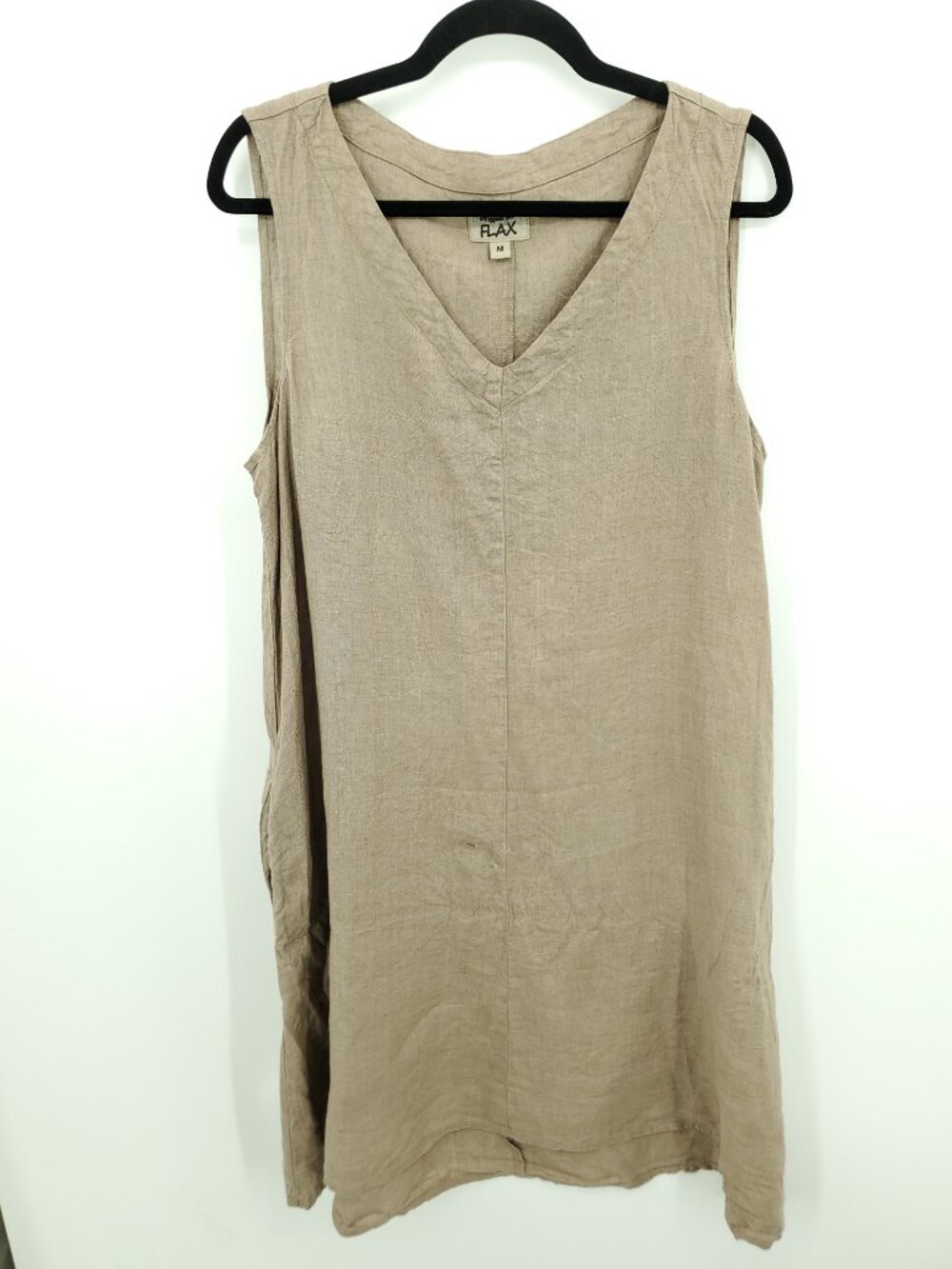 FLAX 100% Linen V-Neck Sleeveless Midi Dress M Oatmeal Beige Lagenlook
